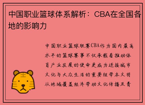 中国职业篮球体系解析：CBA在全国各地的影响力