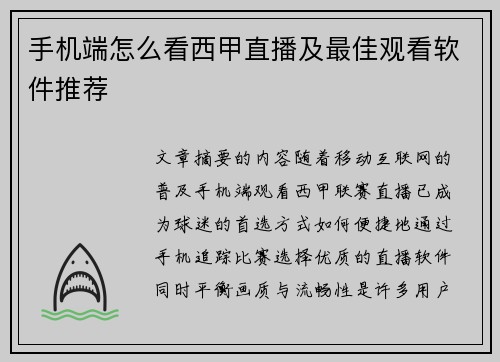 手机端怎么看西甲直播及最佳观看软件推荐