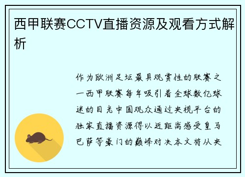 西甲联赛CCTV直播资源及观看方式解析